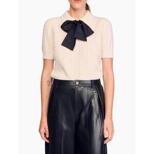 Sandro Polo Collared Tie Neck Cashmere Wool White Black Cableknit Sweater Top S